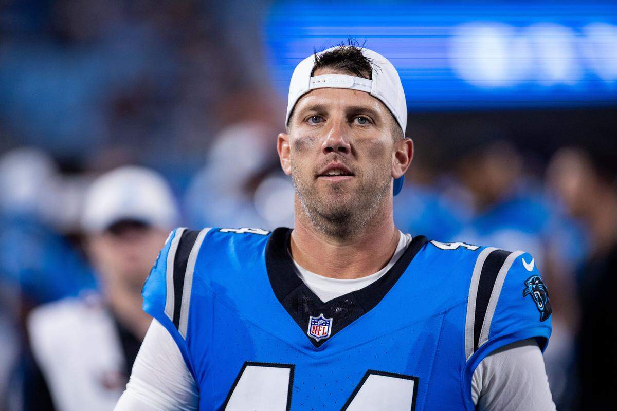 Aug 8, 2025; Charlotte, North Carolina, USA; Carolina Panthers long snapper JJ Jansen (44) walks the sideline during the fourth quarter \against the Cleveland Browns at Bank of America Stadium. Mandatory Credit: Scott Kinser-The USAToday Network via Imagn Images 