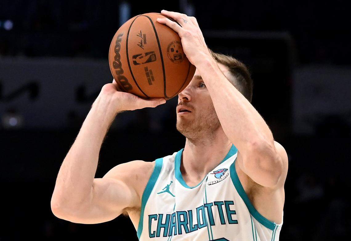 Charlotte Hornets forward Gordon Hayward lines up a three-point basket during second half action against the Brooklyn Nets on Monday, October 30, 2023 at Spectrum Center in Charlotte, NC. The Nets defeated the Hornets 133-121.