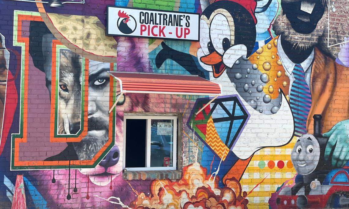 Coaltrane’s has a pickup window on Thomas Avenue, surrounded by the Plaza Midwood Tribute mural by Matt Hooker, Matt Moore and Tucker Sward.