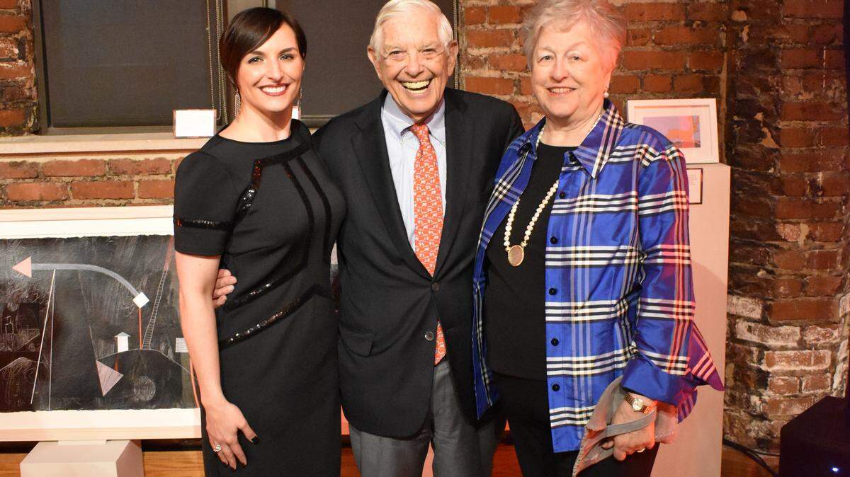 Hugh and Jane McColl (center and right) celebrate the couple’s $1 million gift to the McColl Center for Art + Innovation with McColl Center president and CEO Alli Celebron-Brown (left). The donation was announced at an April 5 gala that celebrated the Center’s 20-year legacy and kicked off a new fundraising initiative.