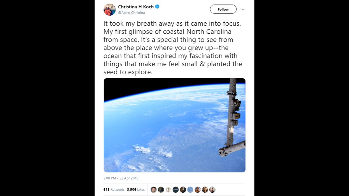 Christina Koch’s tweet of the Outer Banks as seen from space.
