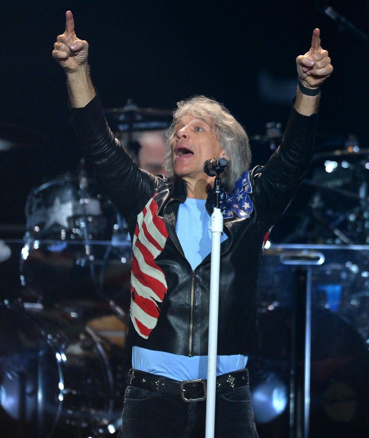 Jon Bon Jovi leads the audience in singing You Give Love A Bad Name during the Bon Jovi 2022 Tour at Spectrum Center in Charlotte, NC on Friday, April 8, 2022.