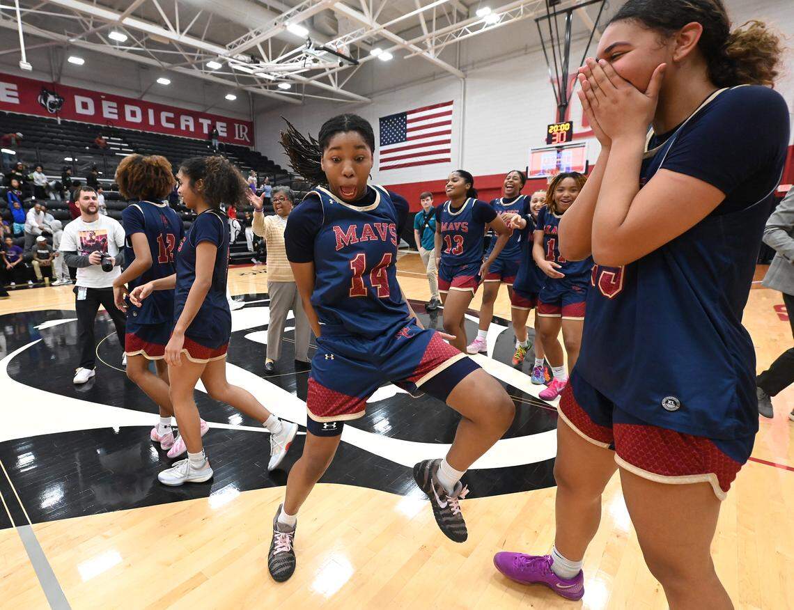 Mallard Creek’s Arianna Gomillion, center, breaks into a dance following the team’s 59-44 win over Ardrey Kell in the NCHSAA 8A girl’s regional championship game on Wednesday, March 4, 2026 at Lenoir-Rhyne University in Hickory, NC. 