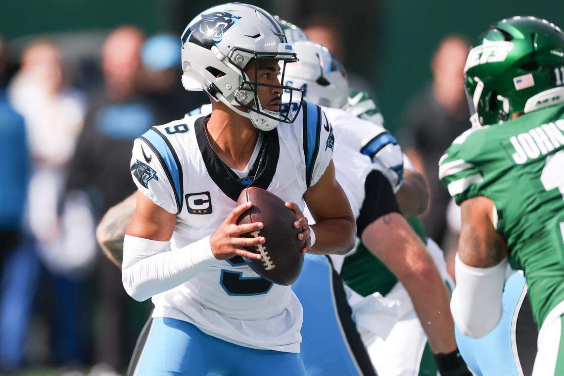 Carolina Panthers quarterback Bryce Young (9) prepares to throw the ball in the first quarter against the New York Jets at MetLife Stadium Oct. 19, 2025