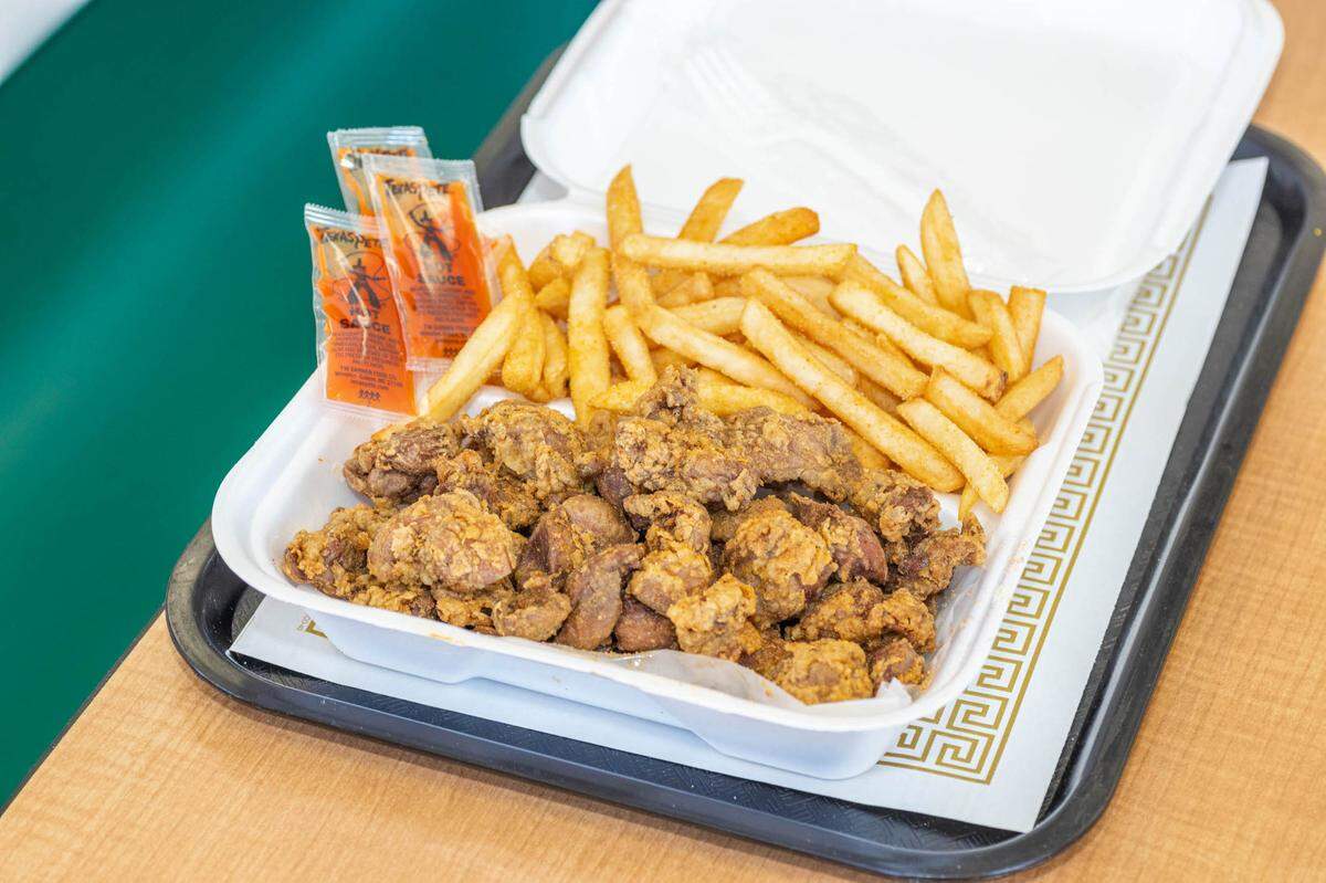 A full pound of gizzards with fries at Nick’s Gyros & Seafood.