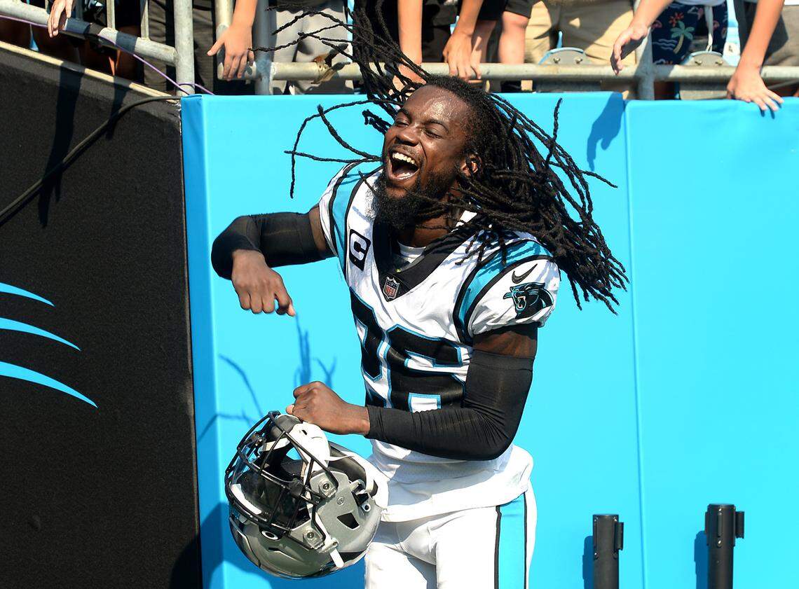Carolina Panthers cornerback Donte Jackson celebrates during the team’s 19-14 victory over the New York Jets Sunday.