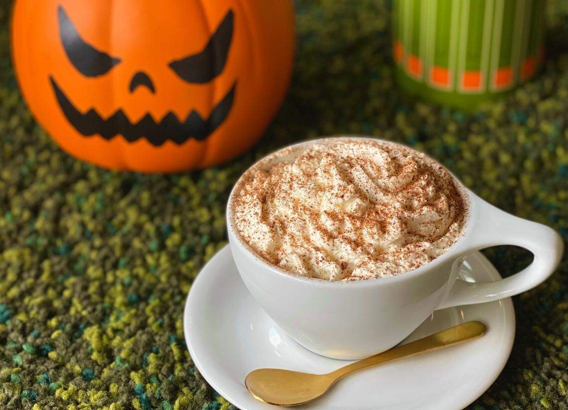 Cafe Moka’s Jack-O-Lantern Latte includes espresso, pumpkin spice and white chocolate, topped with caramel whipped cream and nutmeg.