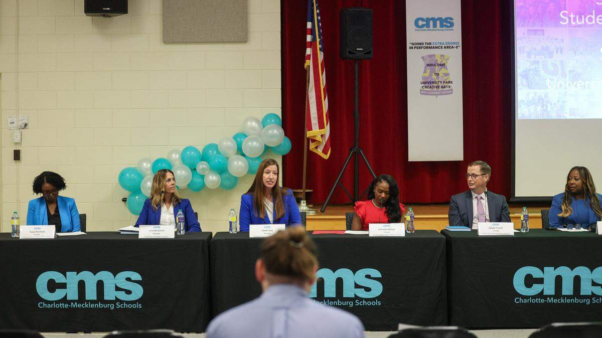 Six CMS Principals were asked to speak during a press conference to discuss the new state testing results at University Creative Arts Elementary School in Charlotte on Wednesday, September 3, 2025.