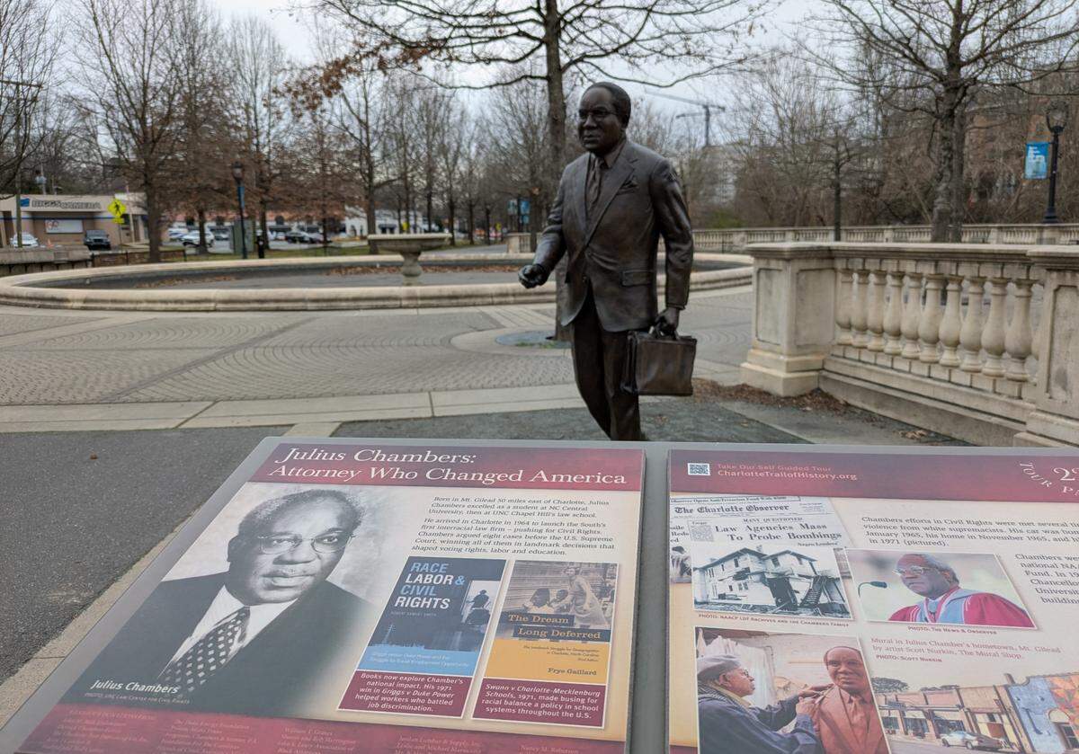 Statues of important figures in Charlotte history can be found along the Little Sugar Creek Greenway in Midtown.