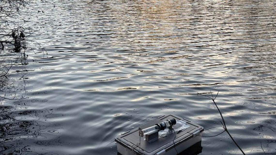 Aadit Krishna is a sophomore at Central Academy of Technology and Arts in Monroe and won a national award for creating the HelioPure, which removes contaminants from water, pictured here on a lake in Waxhaw.