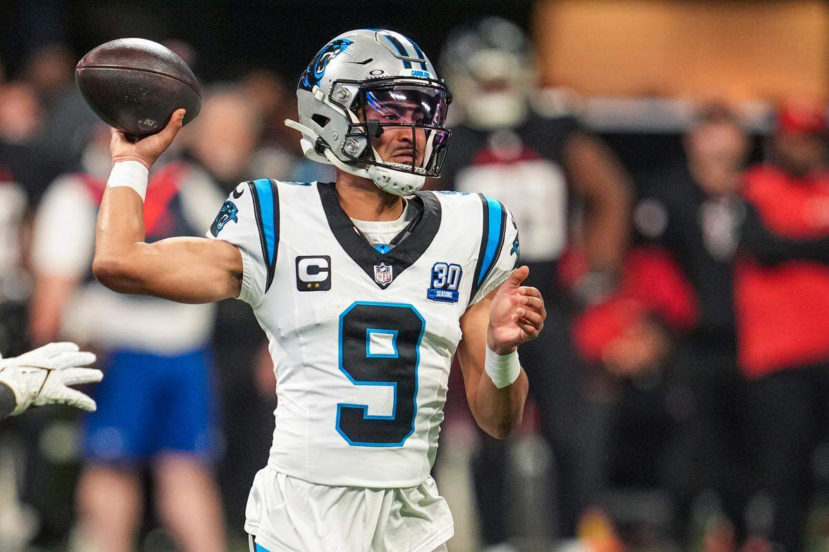 Jan 5, 2025; Atlanta, Georgia, USA; Carolina Panthers quarterback Bryce Young (9) passes against the Atlanta Falcons during the first half at Mercedes-Benz Stadium. Mandatory Credit: Dale Zanine-Imagn Images