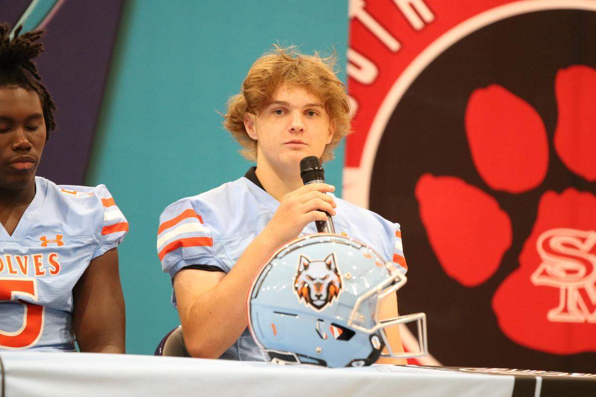 A Ballantyne Ridge football player addresses the media at SoMECK 4A media day at Palisades High School Saturday