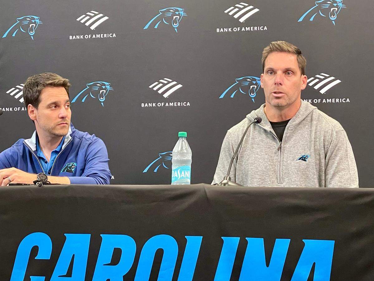 General manager Dan Morgan (right) and VP of Football Operations Brandt Tilis (left) address the media Thursday, August 29, 2024, after an eventful few days of polishing the Carolina Panthers’ 53-man roster.