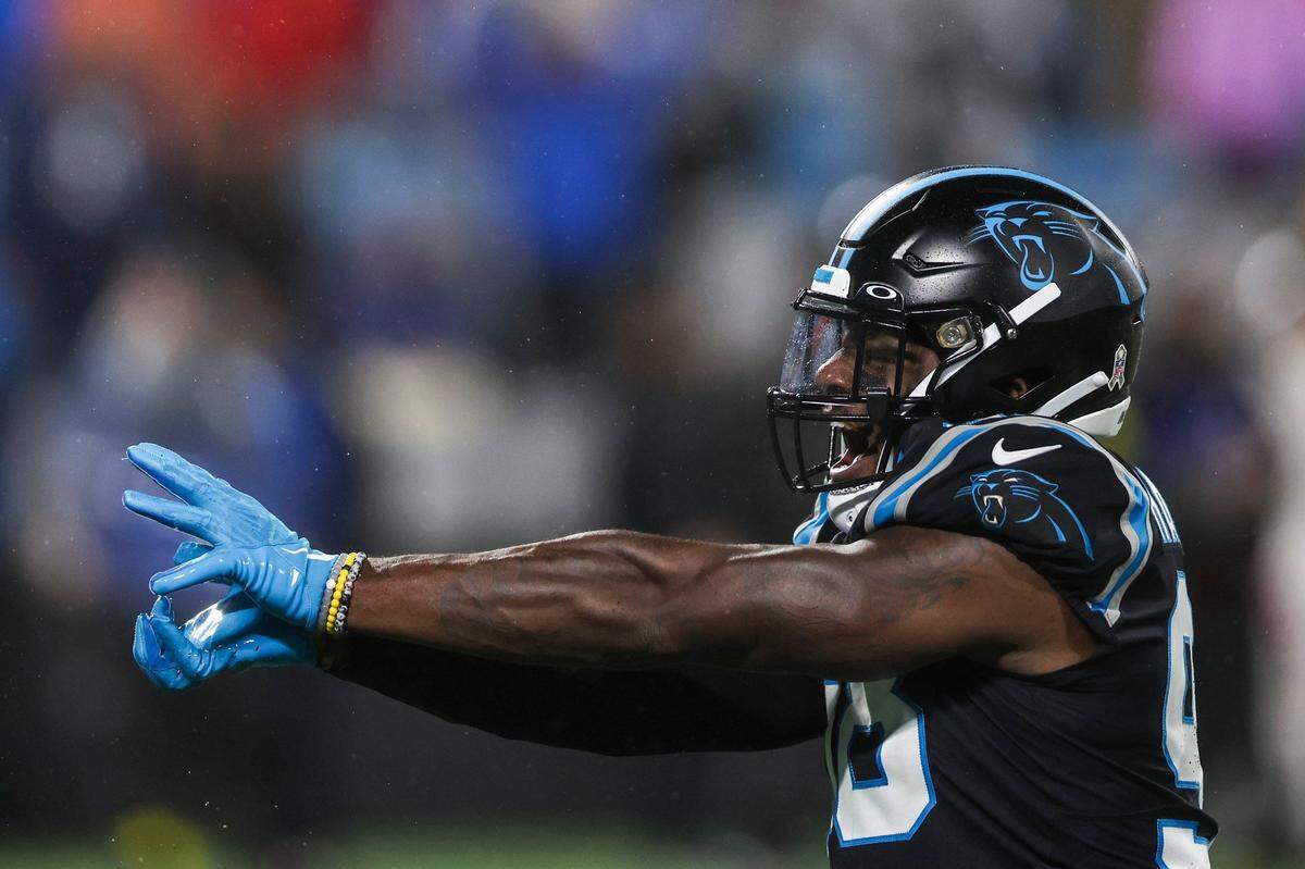 Carolina Panthers defensive end Marquis Haynes Sr. celebrates a quarterback sack that was a defensive stop, securing victory for the Panthers on Thursday, November 10, 2022.