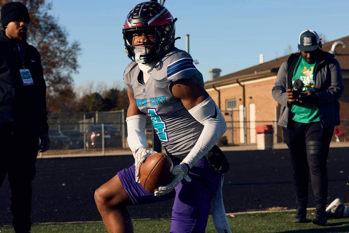Monroe WR Bryson Simpkins (4) celebrates his high-pointing touchdown in the Queen City Senior Bowl hosted at Olympic High School.