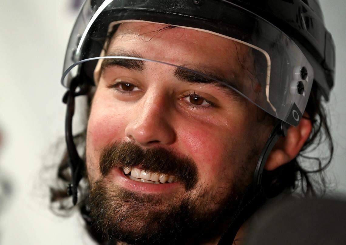 Charlotte Checkers Trevor Carrick smiles as he talks about being back in Charlotte, NC following practice at Bojangles Coliseum in Charlotte, NC on Tuesday, October 15, 2024.C Carrick played in Charlotte from 2014-2019 and helped the team win the Calder Cup. The Checkers will play their first two home games against the Cleveland Monsters on Friday, October 18th and Saturday, October 19th.