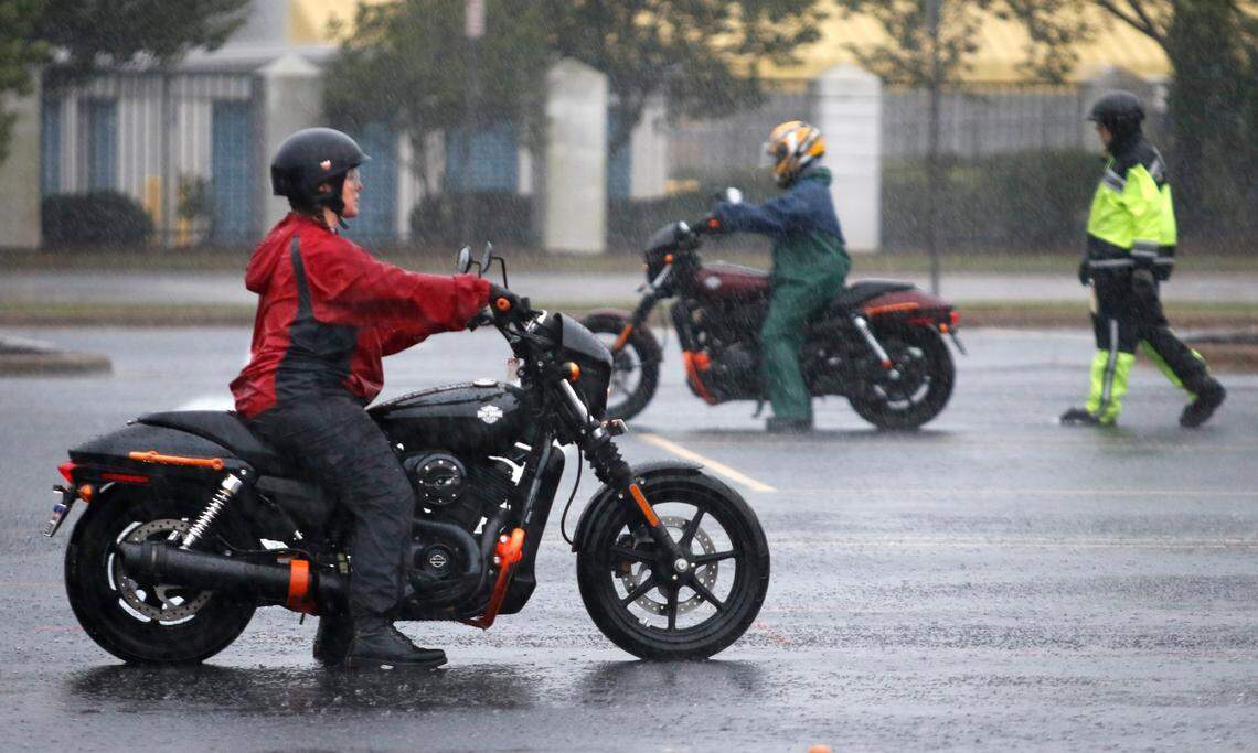 Motorcyclists decked out in rain gear for a Ray Price Harley-Davidson motorcycle class in Raleigh, NC in 2016. .