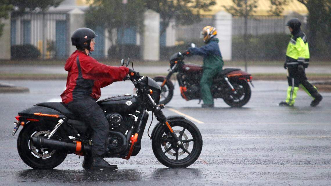 Motorcyclists decked out in rain gear for a Ray Price Harley-Davidson motorcycle class in Raleigh, NC in 2016. .