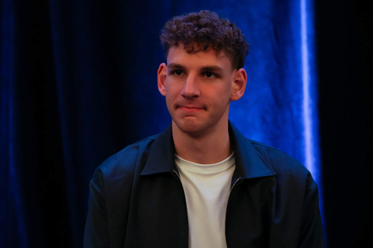 Hannes Steinbach talks with media during the 2026 NBA draft prospect availability at Lotte New York Palace.