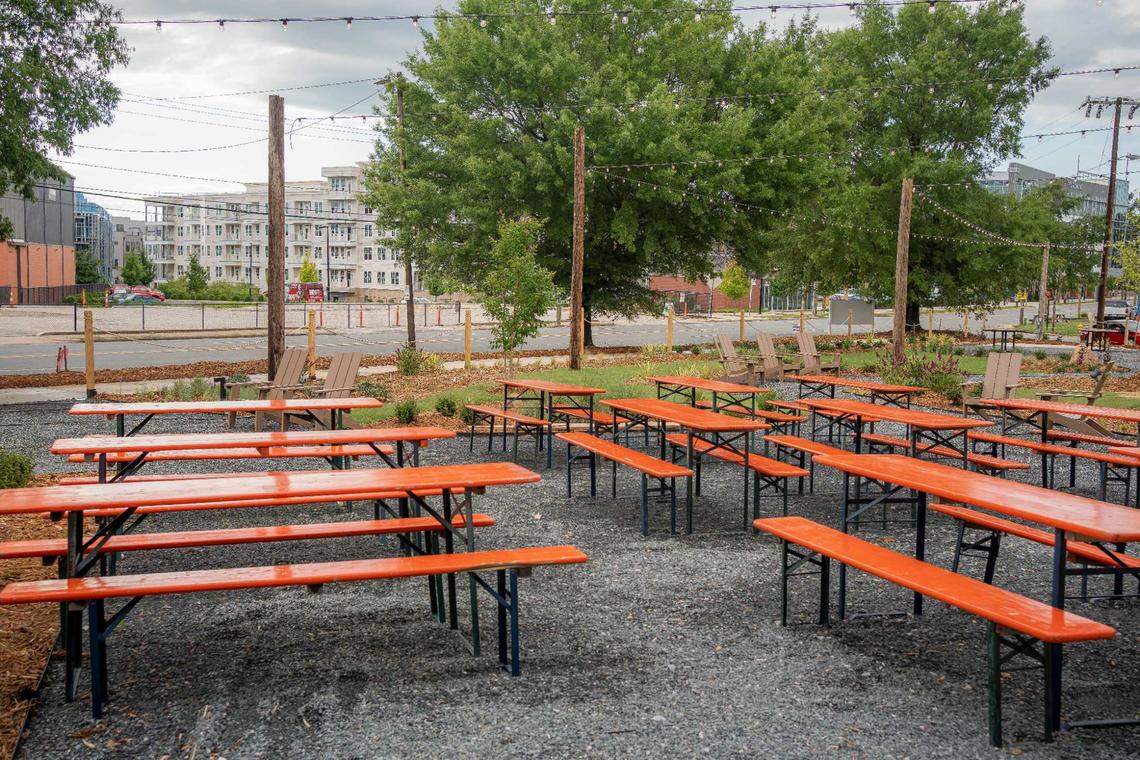 Benches in the garden at Monday Night Brewing Garden Co. opening at 2217 S. Tryon St. in Charlotte.