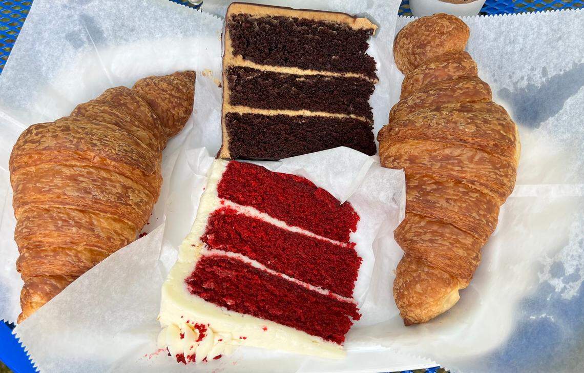 Villani’s Bakery’s croissants, red velvet and chocolate peanut butter ganache cakes.