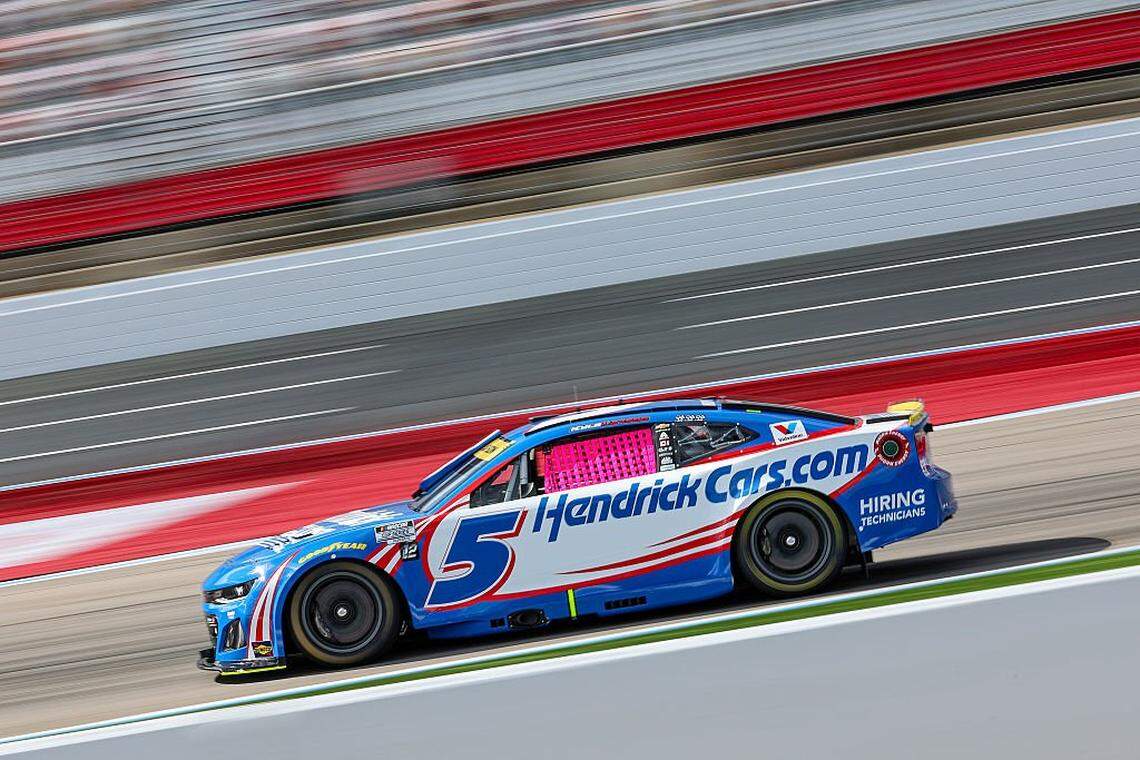 Kyle Larson, driver of the #5 HendrickCars.com Chevrolet, drives  during practice for the NASCAR Cup Series Bank of America ROVAL 400 at Charlotte Motor Speedway on Oct. 4, 2025 in Concord, North Carolina. 