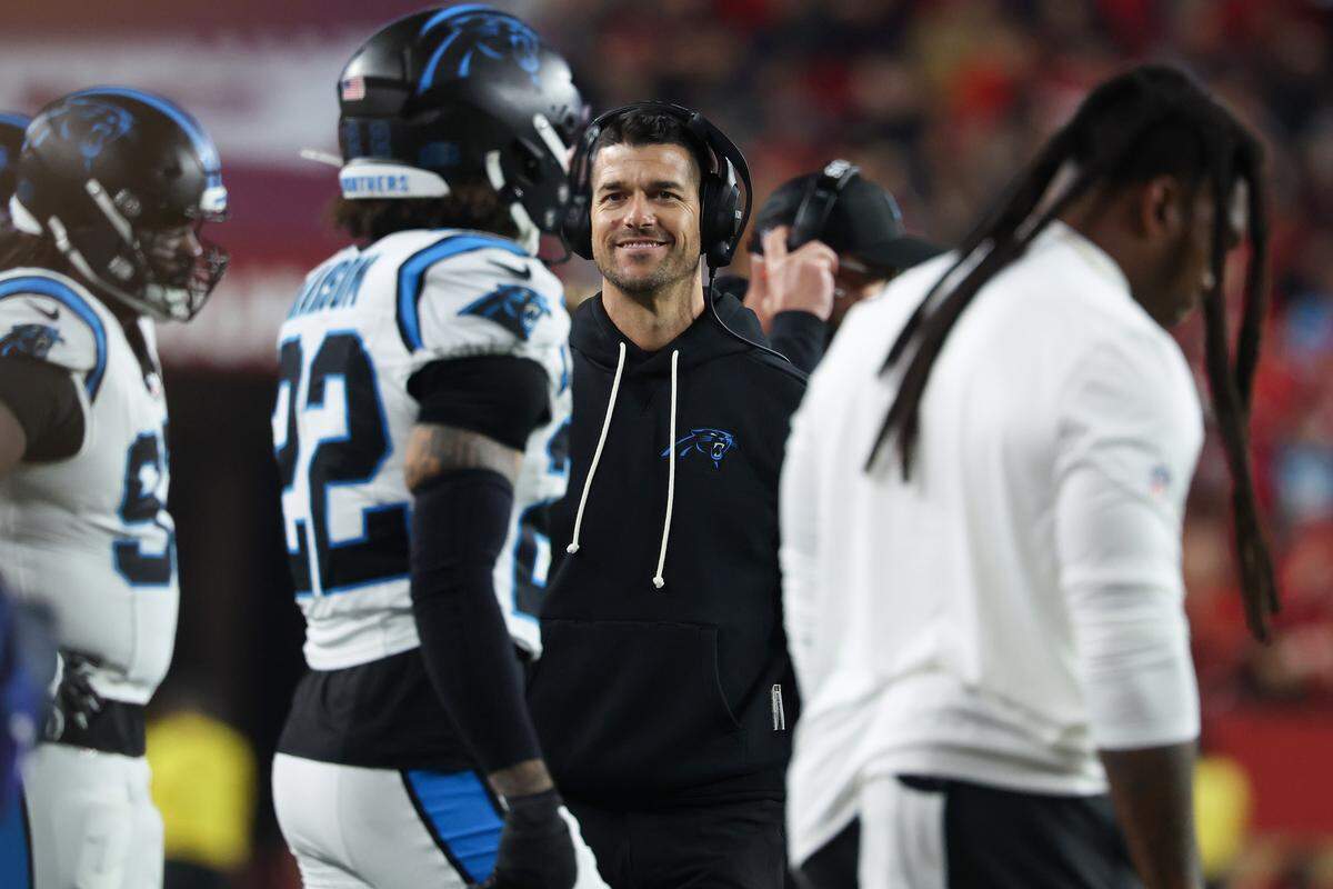 Head coach Dave Canales of the Carolina Panthers reacts in the second quarter against the San Francisco 49ers on Monday at Levi's Stadium.