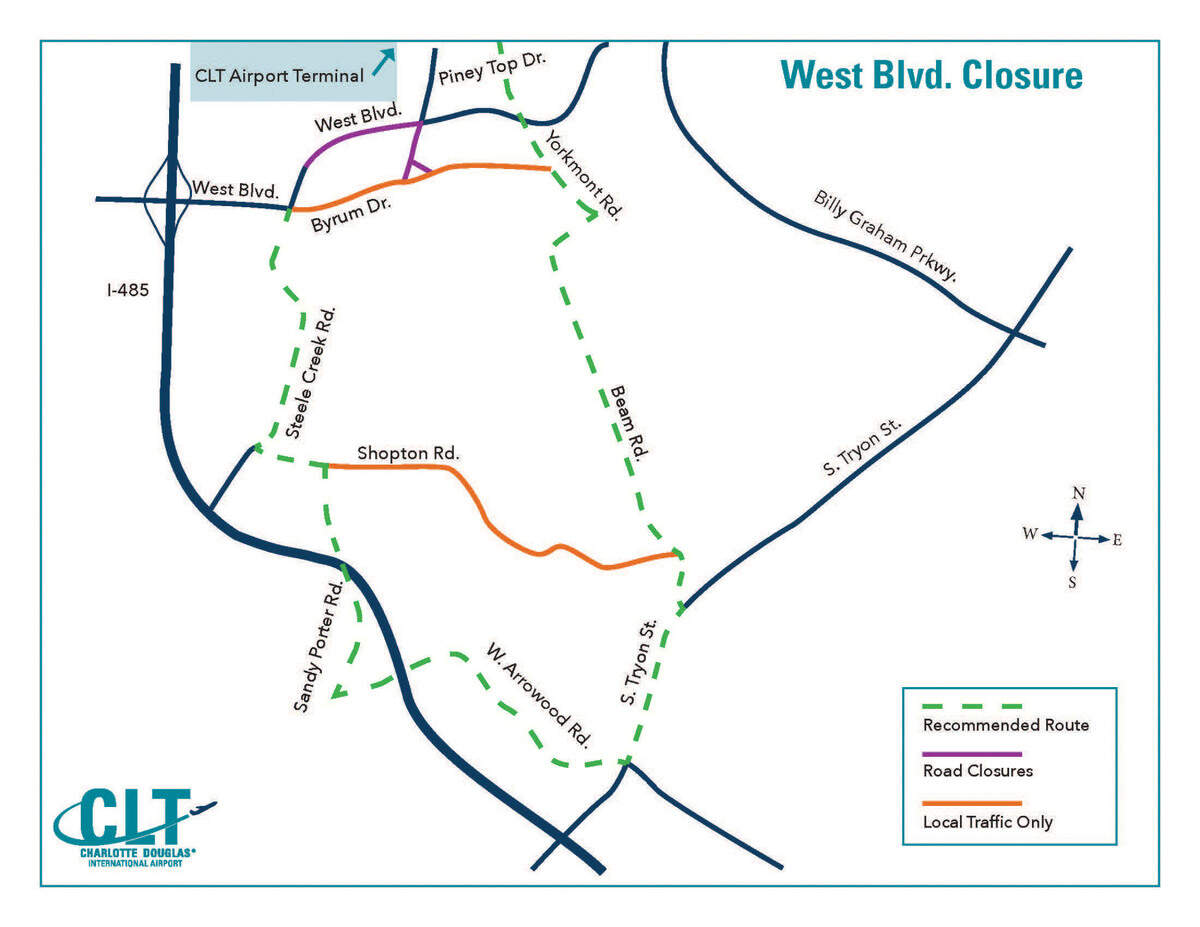 Charlotte Douglas International Airport construction of the South End Around Taxiway project will require the permanent closure of part of West Boulevard.