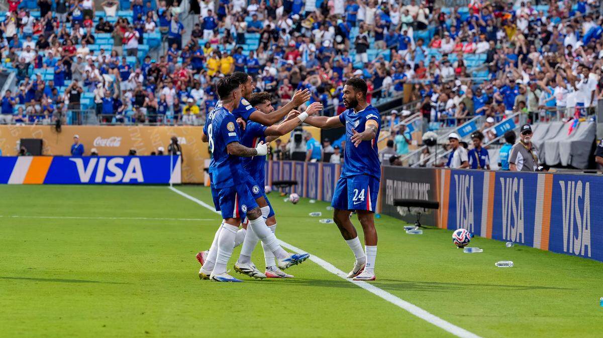 Chelsea FC defender Reece James (24) celebrates a goal during the second half of Saturday’s 2025 FIFA Club World Cup match at Bank of America Stadium.
