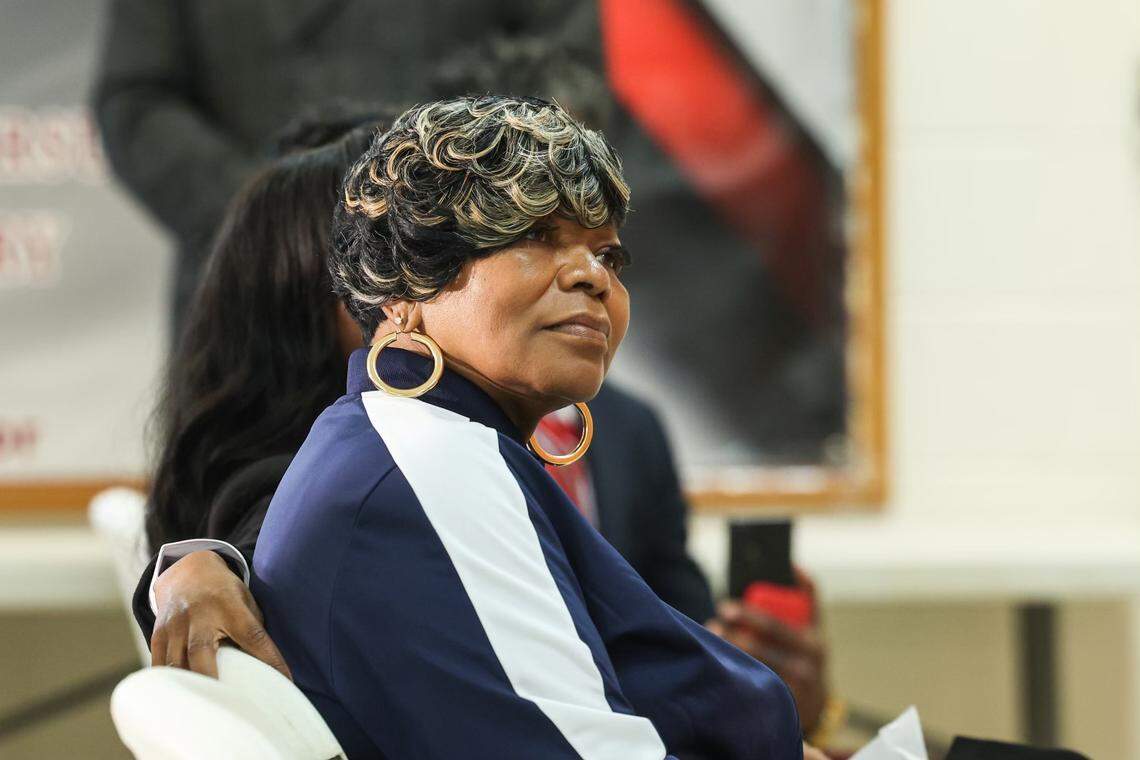 Sallamondra Robinson, mother of Shanquella Robinson, listens to Attorney Sue-Ann Robinson, of Frontline Law, speaks to members of the media on the investigation of Shanquella Robinson’s death on Wednesday, April 12, 2023. Earlier in the morning, The U.S. Attorney’s Office in North Carolina announced that the FBI has concluded its investigation and federal authorities will not pursue charges against any suspects in Robinson’s case.