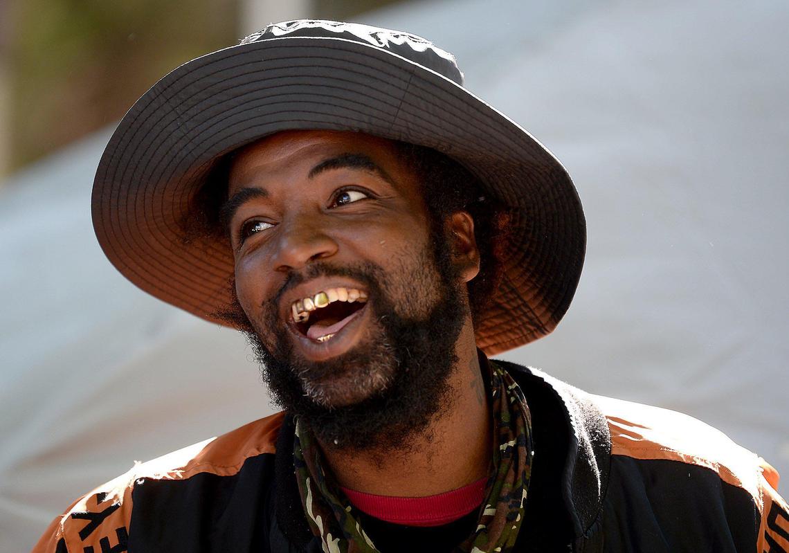 Santario Pratt lives in a tent outside the Urban Ministry Center on North College Street in Charlotte, NC.