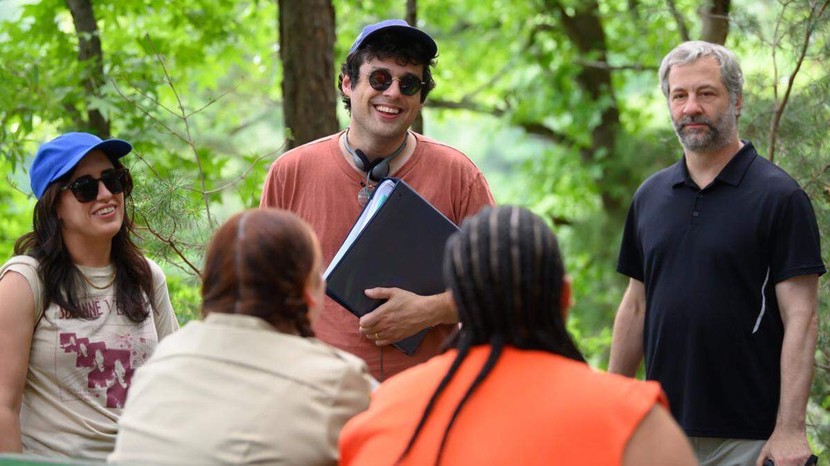 While making the “Please Don’t Destroy” movie, director Paul Briganti altered Charlotte’s landscape via CGI, employed a rollerskating stunt double, and lunched with Conan at Northlake Mall. In this photo, Briganti (in sunglasses) is flanked by co-producer Albertina Rizzo at left, and producer Judd Apatow at right.