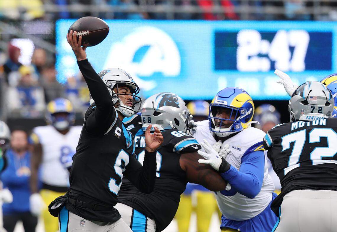 Carolina Panthers' Bryce Young passes the ball on Nov. 30 at Bank of America Stadium in Charlotte.