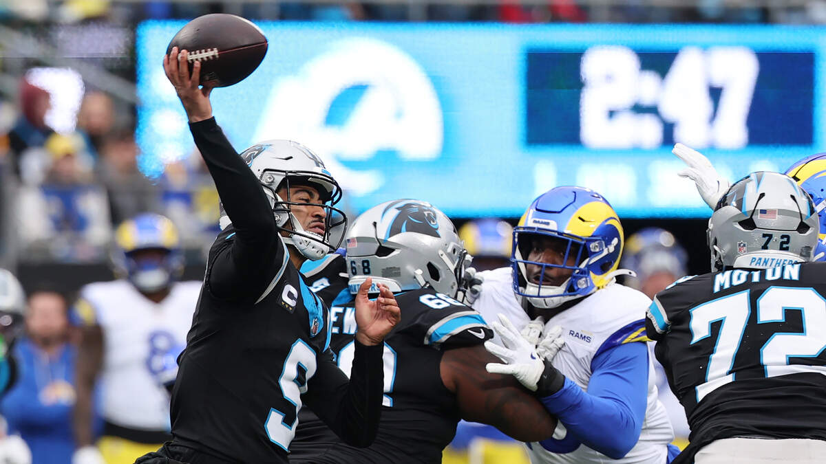 Carolina Panthers' Bryce Young throws during Carolina’s 31-28 upset win over the L.A. Rams Sunday. Young is 7-5 as a starter in 2025, while the Panthers are 7-6 and in playoff contention.