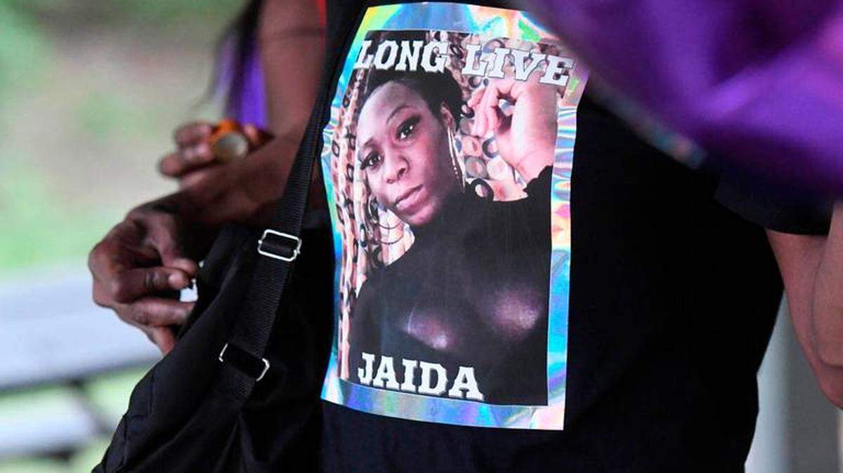 An attendee at an April 9, 2021 memorial for Jaida Peterson wears a shirt with her photo on it. Peterson was a transgender woman found dead in a Charlotte hotel room on Easter Sunday. A second transgender person was found dead in Charlotte April 15.