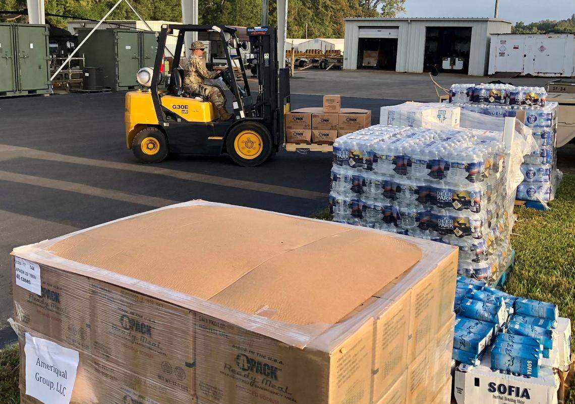 The North Carolina National Guard begin to load commodities for transport to Western North Carolina on Thursday morning, Oct. 3, 2024 in Salisbury, N.C.
