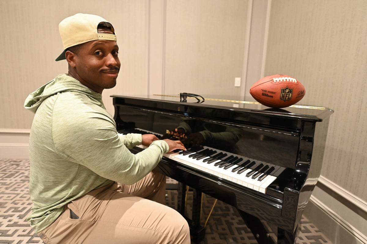 Former Carolina Panthers running back Jonathan Stewart in March. Stewart often spent his free time at training camp in Wofford College noodling around on a piano.