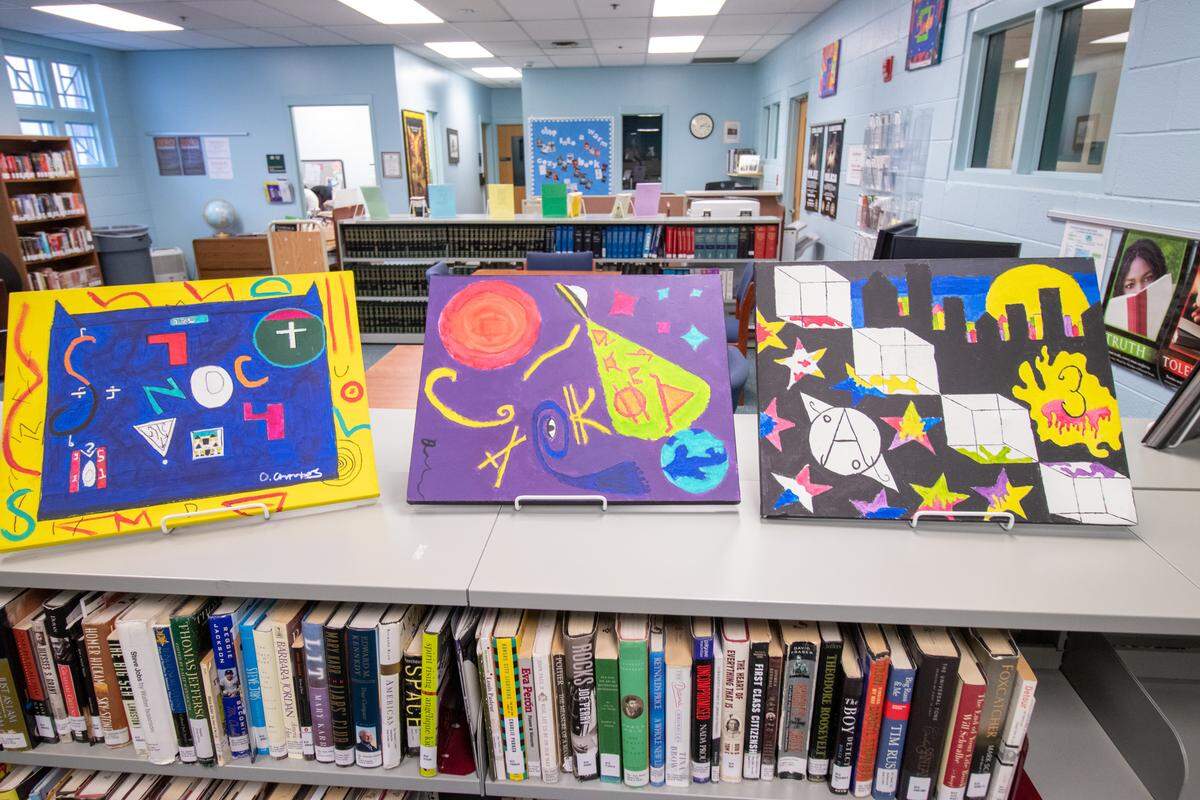 Art by students who’ve participated in the Jail Arts Initiative program is displayed at the Mecklenburg County Juvenile Detention Center. The Bechtler Museum runs the community outreach program.