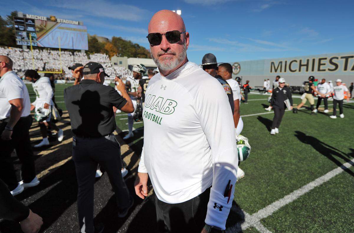 UAB head coach Trent Dilfer walks off the field after a 44-10 loss against the Army Black Knights in mid-October at Michie Stadium. Danny Wild-Imagn Images