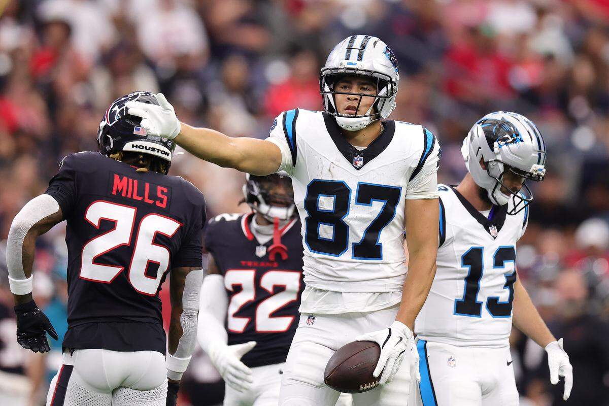 Carolina Panthers wide receiver Brycen Tremayne reacts against the Houston Texans during the third quarter in the NFL Preseason 2025 game between Carolina Panthers and Houston Texans at NRG Stadium on August 16, 2025 in Houston, Texas. (Photo by Alex Slitz/Getty Images)