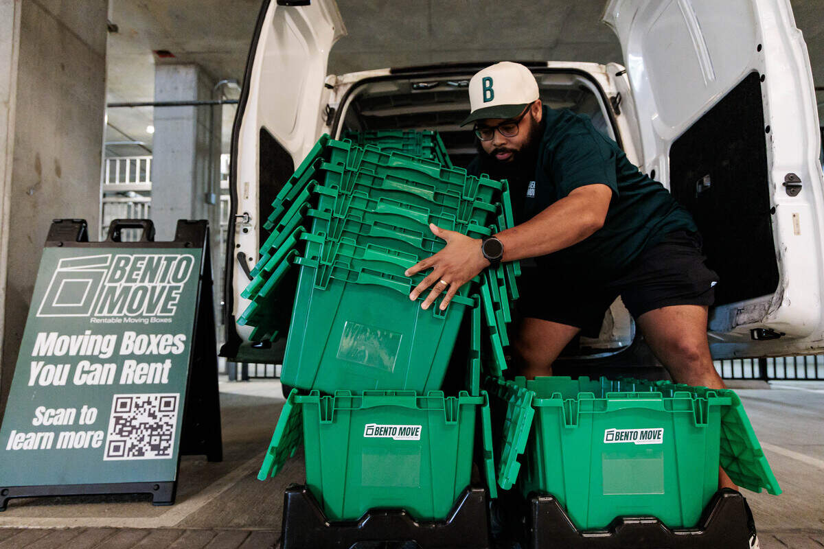 Smith said the boxes makes the moving process smoother and easier. “You don’t have to worry about your things breaking, you don’t have to go to the store and buy cardboard boxes, you don’t have to spend any time taping or anything like that,” he said. Photographed in the Southerly LoSo apartment complex parking structure on Tuesday, June 23, 2026.