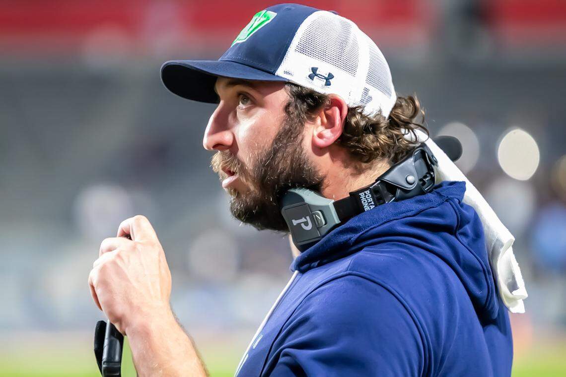 Weddington Head Coach Andy Capone Looks To The Field As His Players Come Off The Field After Stopping Their Opponent On 4th Down At NCHSAA 4A State Finals at NC State University