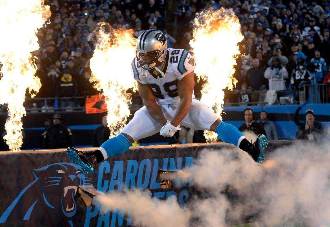 Carolina Panthers running back Jonathan Stewart takes to the field for a playoff game in January 2016. Says Stewart of that time: “It was so fun, man. Everywhere you went. Go out to eat: ‘It’s on me.’ … ‘You want some wine?’ ‘I don’t drink wine, but yes! I would love some!’”