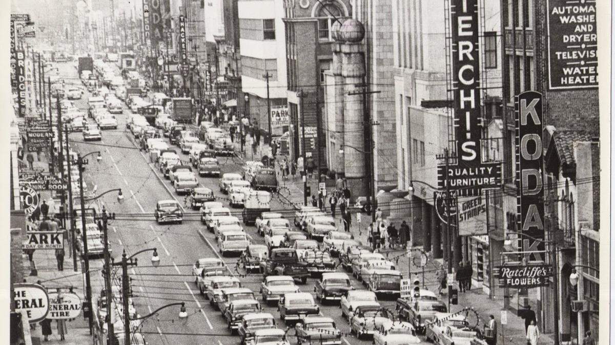 The four-story Masonic Temple was “one of the most dramatic buildings in downtown Charlotte,” the Charlotte-Mecklenburg Historic Landmarks Commission wrote in a 1980 report. The temple, seen in the center of this 1950s photo with its two iconic Egyptian columns topped by spheres, was the last example of Egyptian Revival architecture in North Carolina, according to the Charlotte-Mecklenburg Library. It was torn down in 1987 to make way for a park.