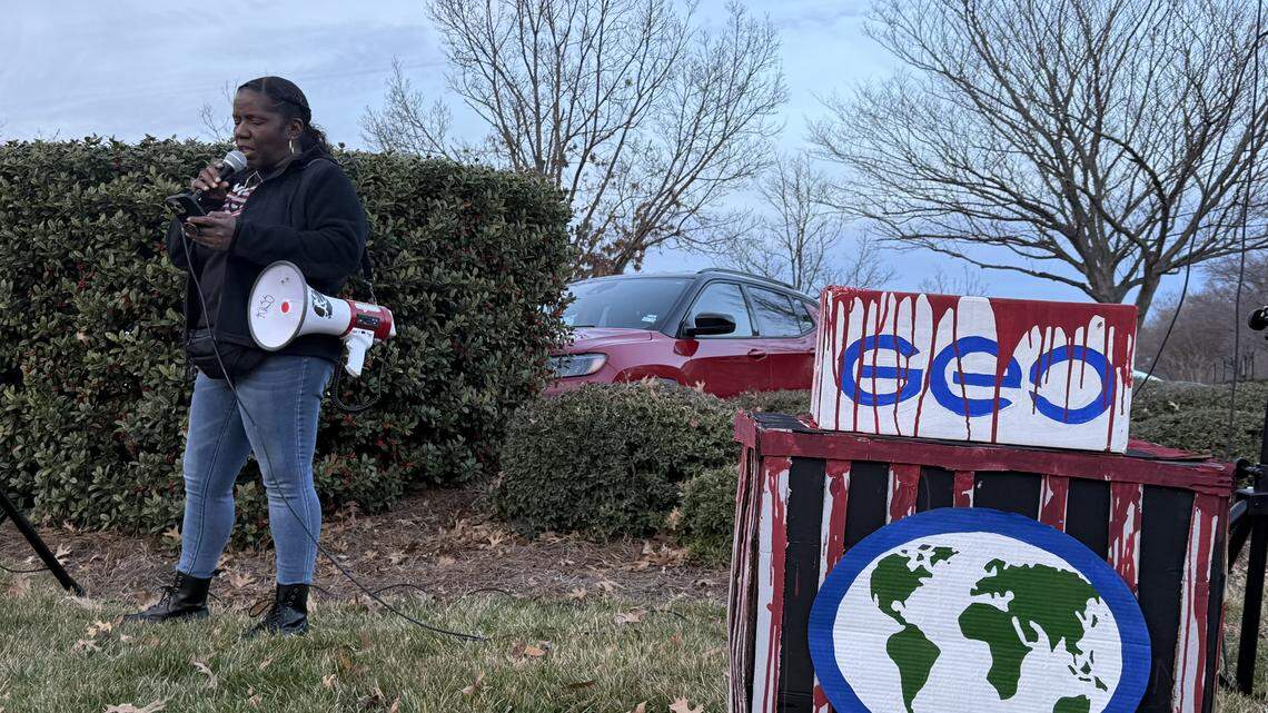 Kass Ottley with Seeking Justice Charlotte speaks at an anti-ICE and anti-GEO Group protest on Feb. 17, 2026.