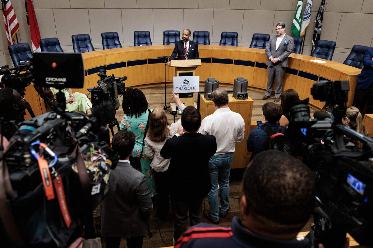 Mayor Robert Harrington gives his first press conference in the position on on Wednesday, July 1, 2026 in the Charlotte-Mecklenburg County Government building.