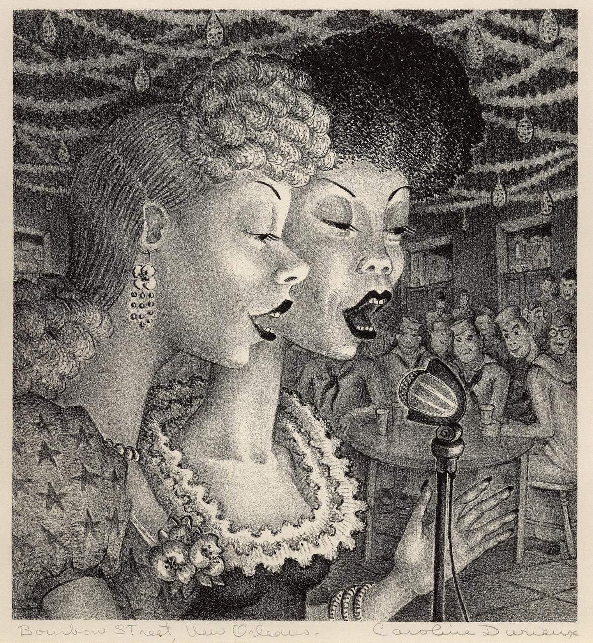 Caroline Durieux (1896-1989). “Bourbon Street, New Orleans,” 1934, black lithograph on paper. This piece is part of the “Southern/Modern” exhibit which will open at Mint Museum Uptown Oct. 26.