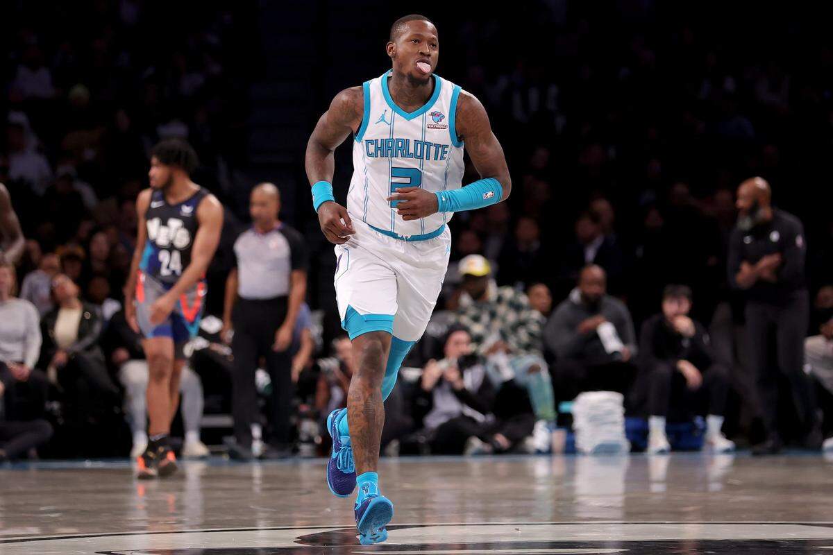 Charlotte Hornets guard Terry Rozier (3) reacts during the second quarter against the Brooklyn Nets at Barclays Center.