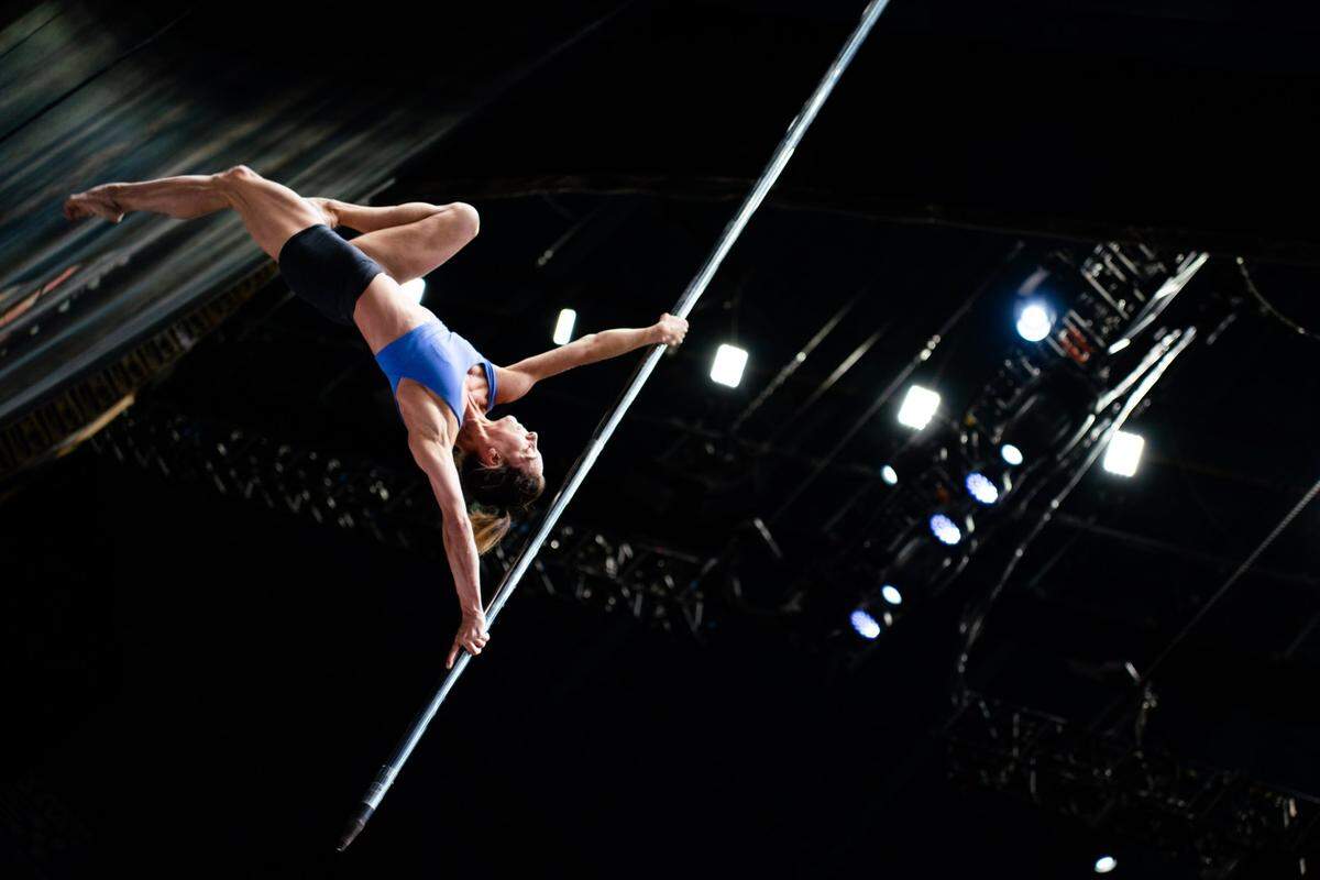 Stephanie Waltman-Ortega rehearses her performance at Cirque Du Soleil’s CORTEO show rehersal on August 1, 2024 at the Bojangles Coliseum.