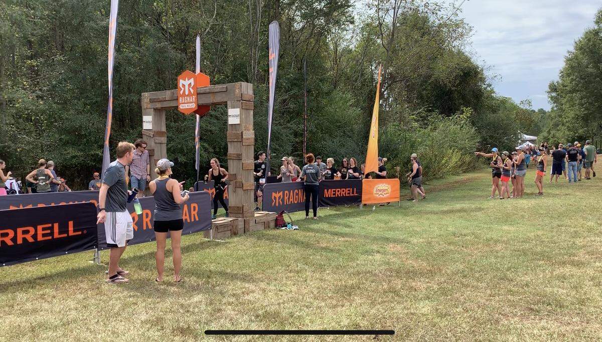 The finish line at the Ragnar Trail Carolinas at Anne Springs Close Greenway in Fort Mill, South Carolina.